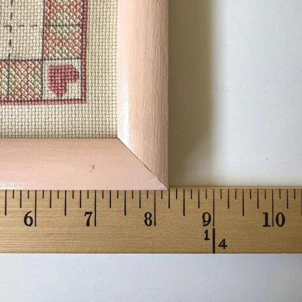 Vintage Framed Floral Heart Cross Stitch Needlepoint Wall Art Pink Cottagecore